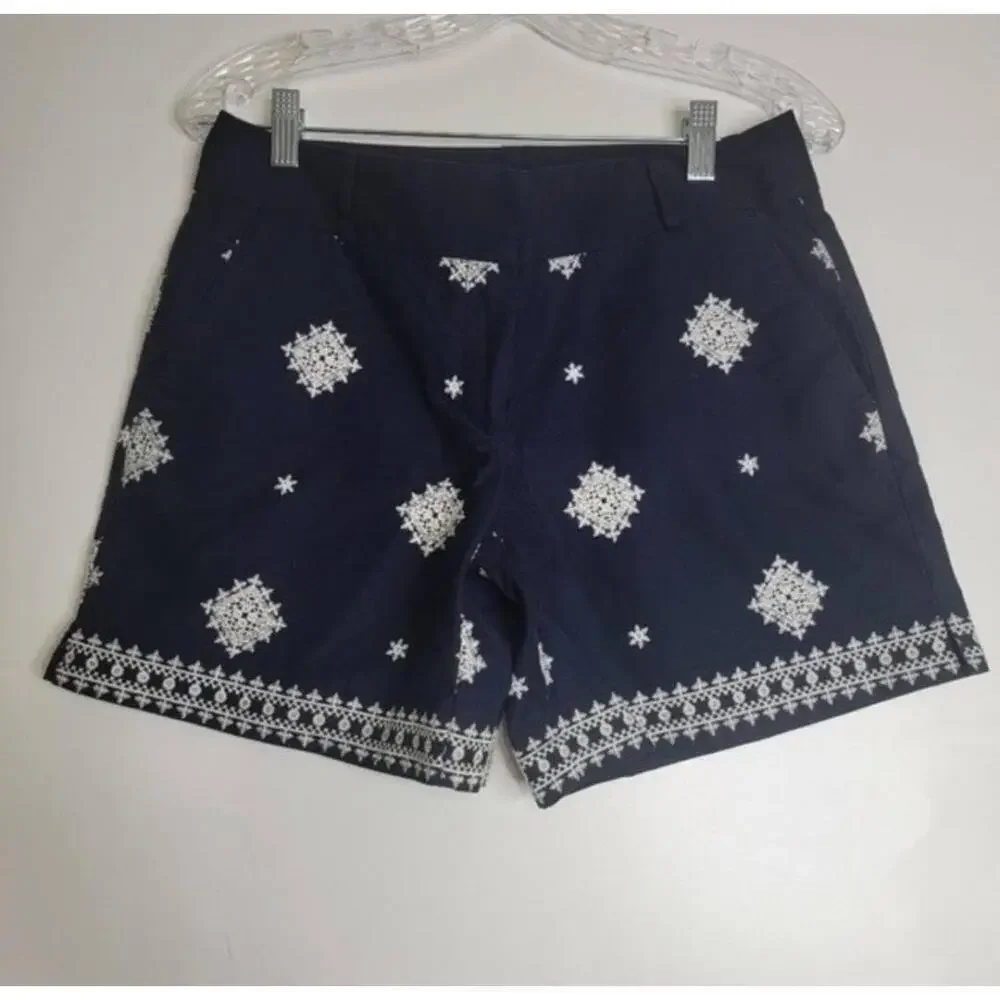 LOFT Blue White Embroidered Bermudas Shorts Side Pockets Size 2